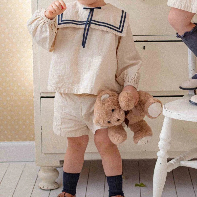 2026 Summer New Children Long Sleeve Clothes Set Boys Girls Bow Sailor Collar Shirts + Shorts 2pcs Suit Kids Cotton Outfits