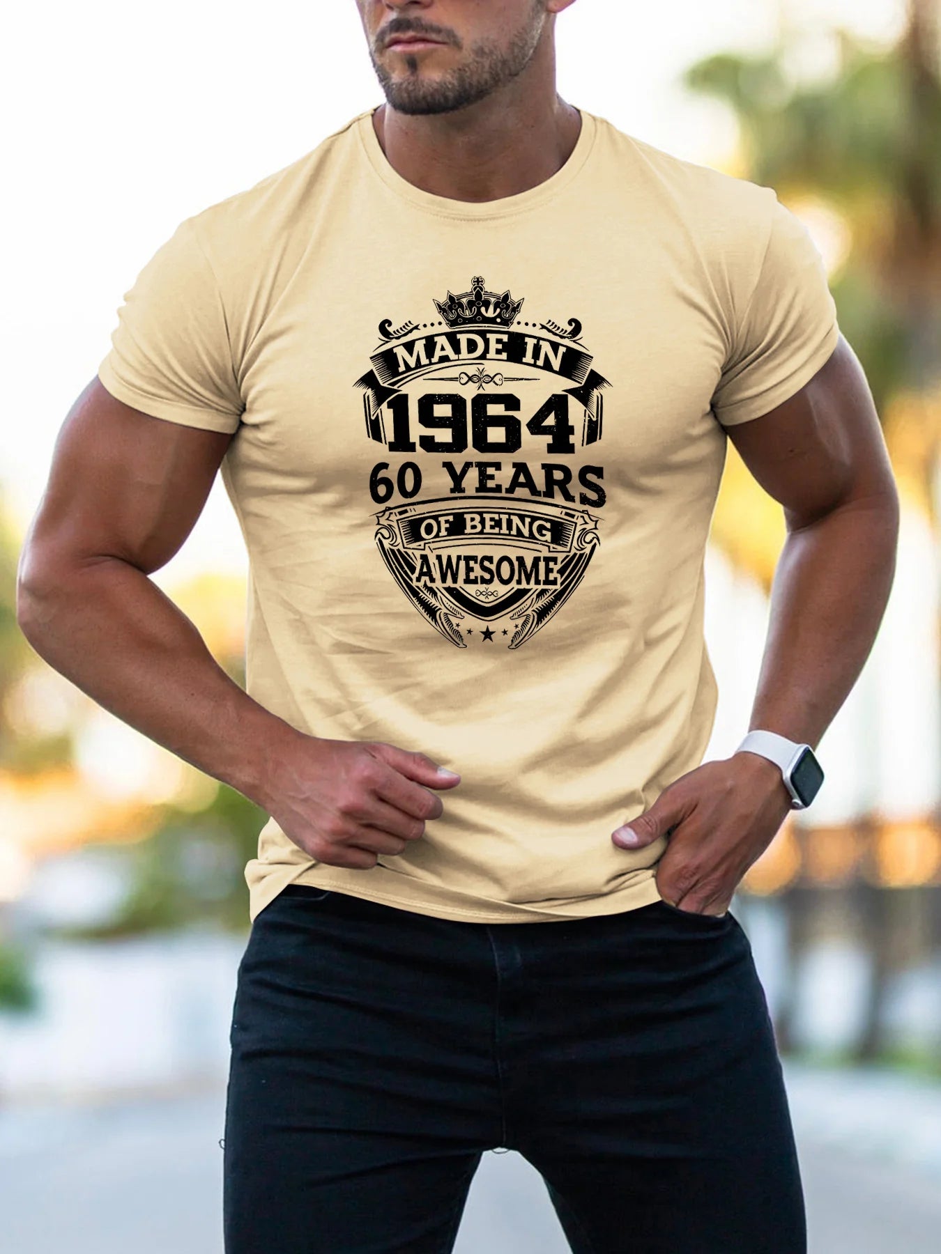 Men's summer 100% pure cotton fashionable sports casual loose fit made in 1964 print round neck short sleeved T-shirt top