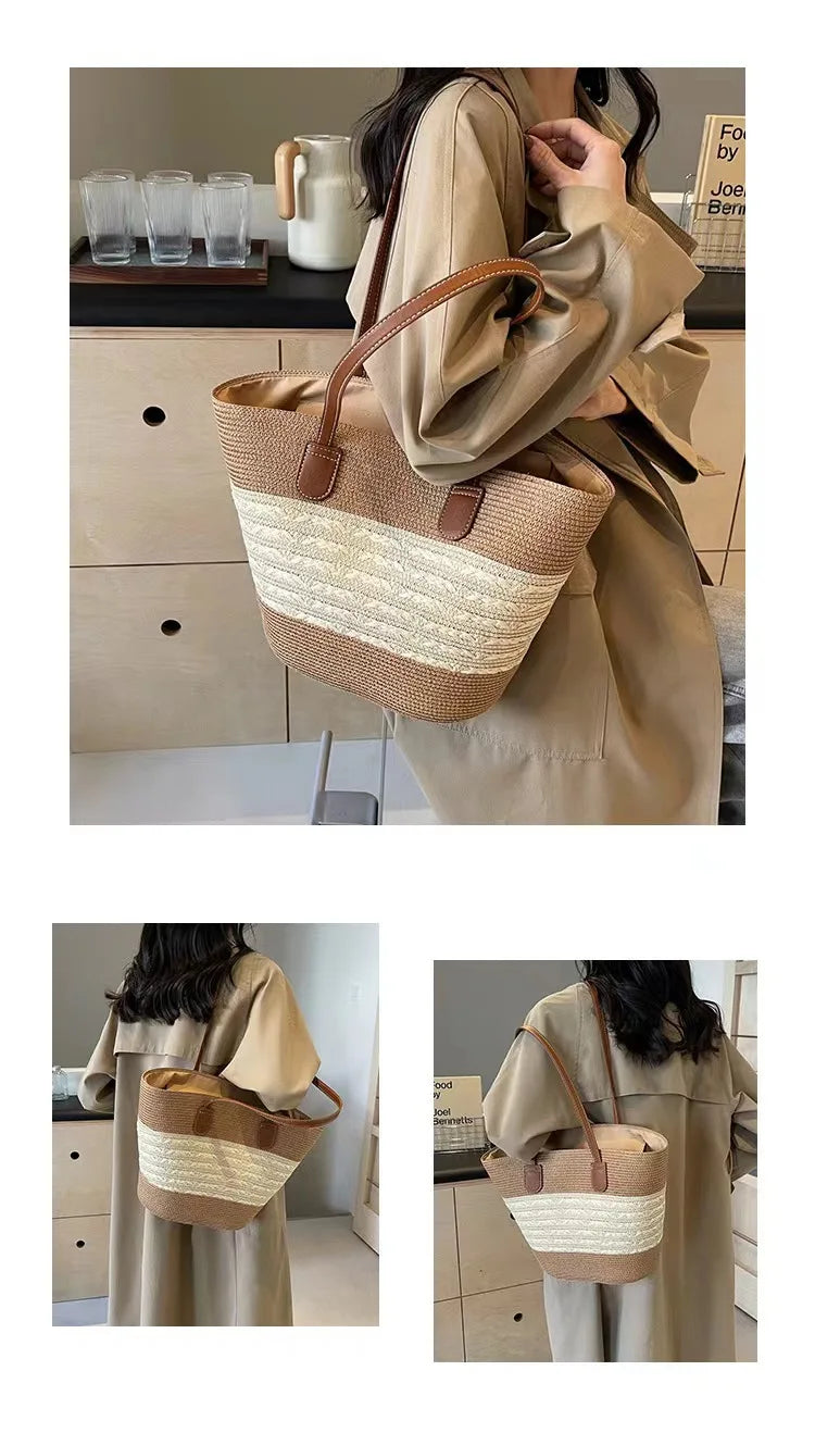 Women's Straw Woven Tote Bag With Hand New Beach Seaside Outdoor Travel Vacation Large Capacity Shoulder Bag Basket Handbag