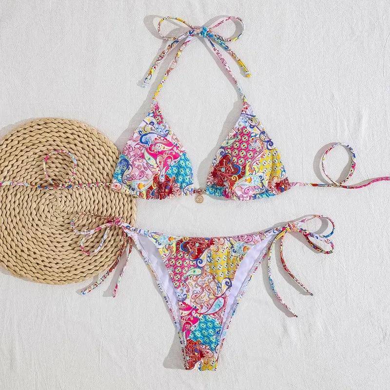 Sexy Leopard Print Two Piece Swimsuit Set Triangle Bra Suspender Halter Backless Bikini Set Beach Vacation Lace-up Swimwear