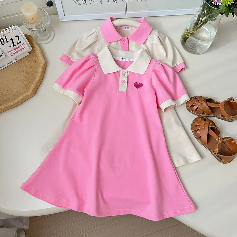 2026 Summer Stylish Girls' Polo Shirt Dresses 1-7Y Trendy Embroidered Heart Lapel Dress for Kid's Children's Clothing Outfit
