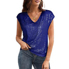 2026 European and American V-neck Sequin Short Sleeve Women's Shiny Vest Party Shirt