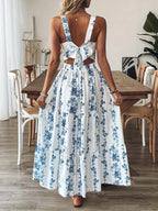 2026Boho Blue Floral Print Tiered Maxi Dress Women Square Neck Sleeveless Long Dress Summer Beachwear Streetwear Vestidos
