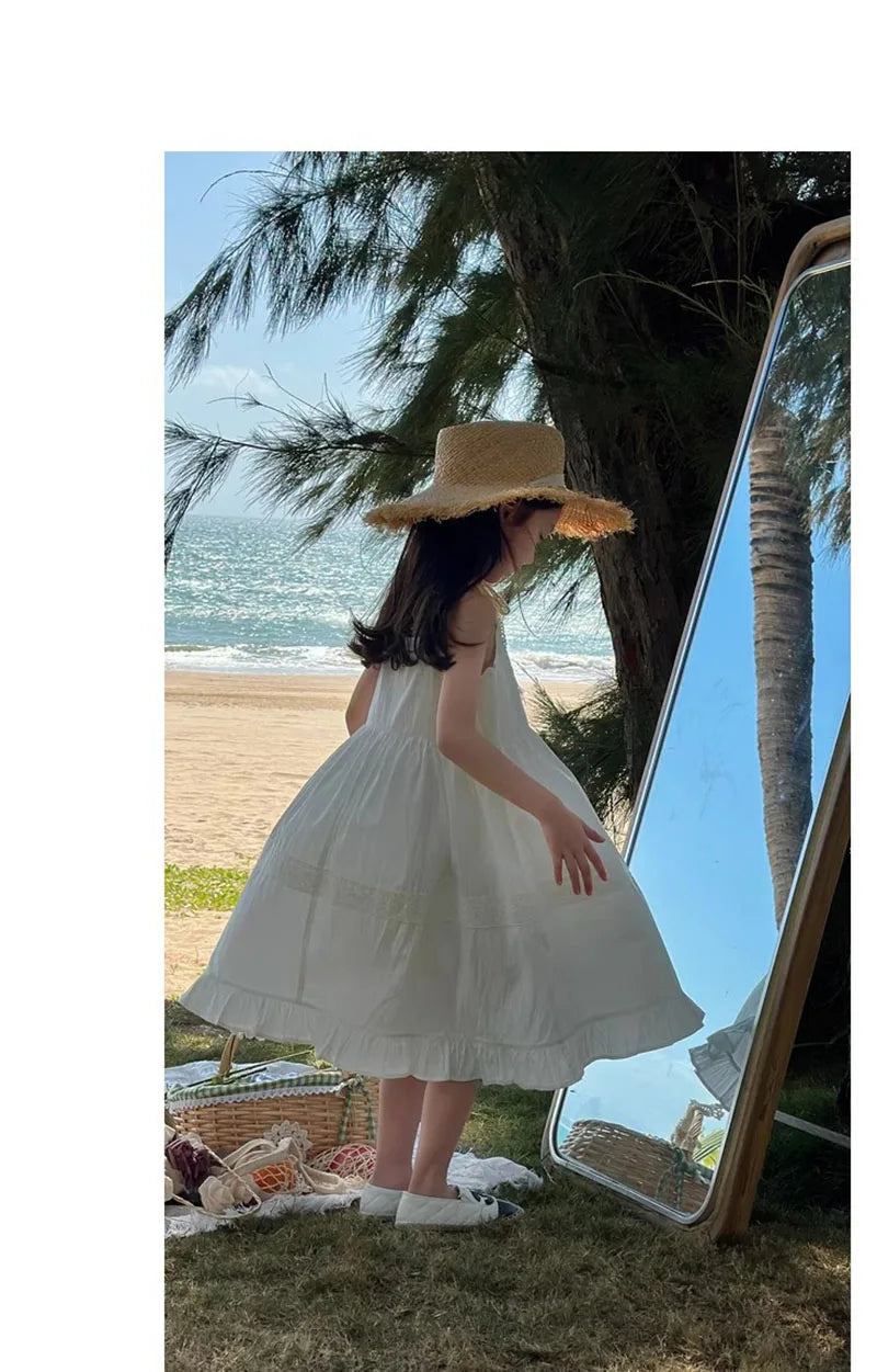 2026 New Girls Dresses Summer Solid Suspenders Dress Hollow-out Long-Sleeved Base Blouse Kid's Beach Wear