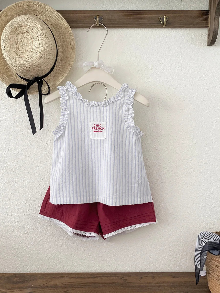 2026 Summer New Girls Sleeveless T Shirts Baby Girl Cute Lace Vest Cotton Striped Toddler Thin Breathable Tops Kids Clothes