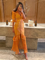 Floral Printed Chiffon V-neck Maxi Dress Ruffle Trim Puff Short Sleeve Waist Belted Slit Robe 2026 Lady Elegant Party Vestidos