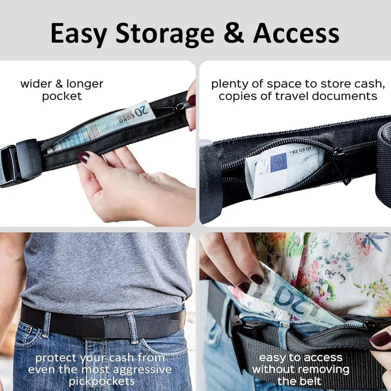 Travel Security Belt with Hidden Pocket Adjustable Cash Strap Slim Waist Wallet for Passport Money Anti-Pickpocket Waist Bag