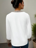Spring and Autumn Women's V-neck Leopard Printed Thin Casual Elegant Long Sleeve Top