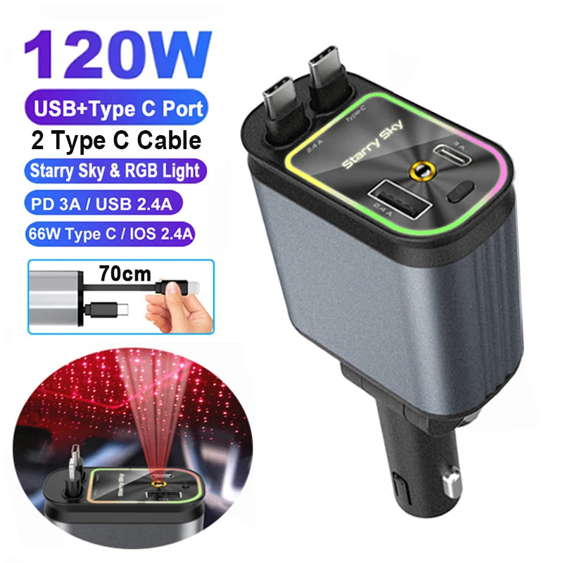 4 in 1 Retractable Car Charger 120W with USB C Lightning Cable Starlight in Auto Roof Fast Charging for IPhone Samsung Phones