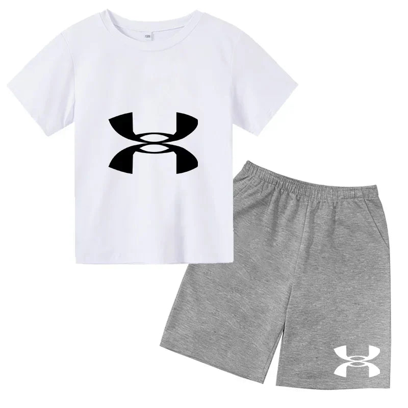 enfants en 2 piècesT-shirt et short de sport à manches courtes pour enfants avec logo imprimé - Ensemble de vêtements de sport