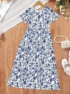 2026 casual Bohemian style paisley patterned short sleeved mid length dress, girls' holiday casual dress, summer gift