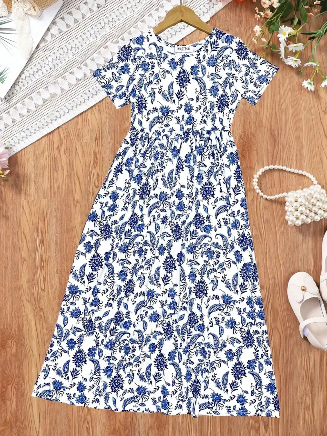 2026 casual Bohemian style paisley patterned short sleeved mid length dress, girls' holiday casual dress, summer gift