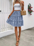 2026Women Summer Floral Print Tiered Cake Skirt Bohemian Elastic High Waist Ruffle Hem A-Line Mini Skirt Casual Beach Holiday