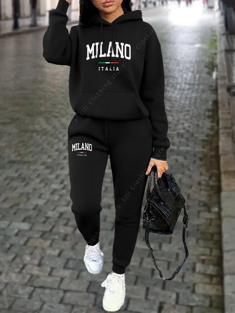 MILANO Pants Sets for Women Clothing High quality Sweatshirt Sweatpant Hoodie Suit 2 Piece Autumn Winter Outfits Woman Tracksuit