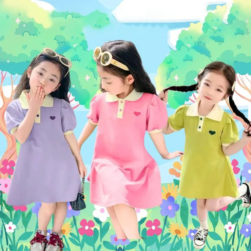 2026 New Summer Children's Dress Baby Girls Heart Print Short Sleeves Lapel Polo Shirt Dresses Kids Clothes Princess Dress 1-10Y