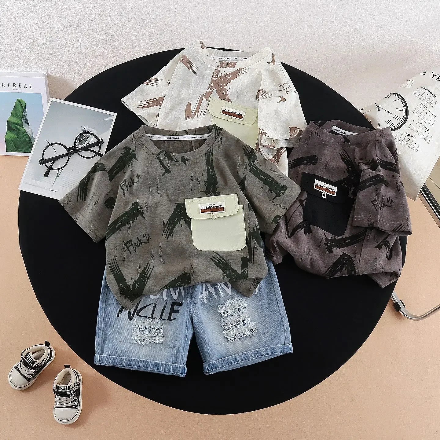 Children Streetwear 2 Piece Outfit boys 1-5 Years Summer Cotton Short Sleeve T-Shirt Denim Shorts Graffiti Print set