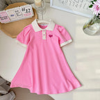 2026 Summer Stylish Girls' Polo Shirt Dresses 1-7Y Trendy Embroidered Heart Lapel Dress for Kid's Children's Clothing Outfit