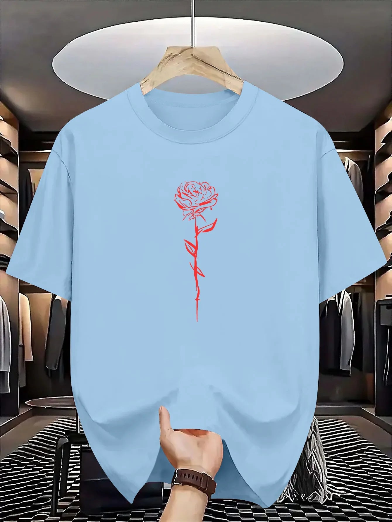 Men's summer 100% pure cotton fashionable casual loose rose pattern printed round neck short sleeved T-shirt top