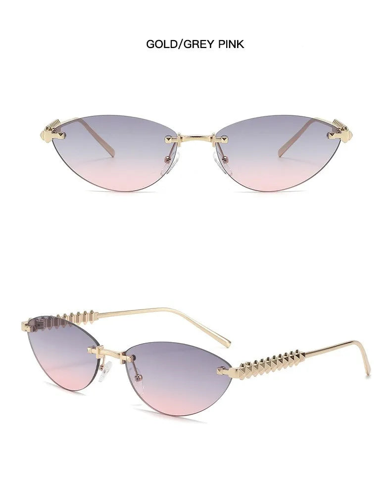 Fashion Trendy Retro Cat Eye Sunglasses Women Luxury Designer Vintage Style Chic Frameless Metal Small Triangle Eyewear