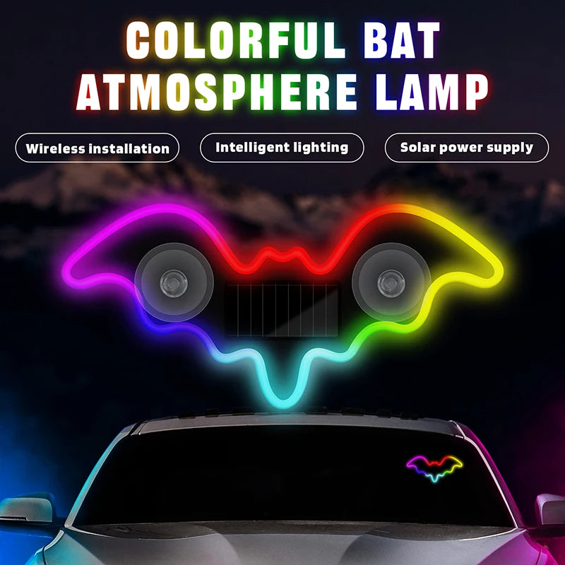 Bat-shaped Universal Solar Power Atmosphere Light Dynamic Gradient LED Fit Car Interior Ambient Light Decoration Accessory RGB