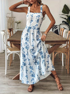 2026Boho Blue Floral Print Tiered Maxi Dress Women Square Neck Sleeveless Long Dress Summer Beachwear Streetwear Vestidos