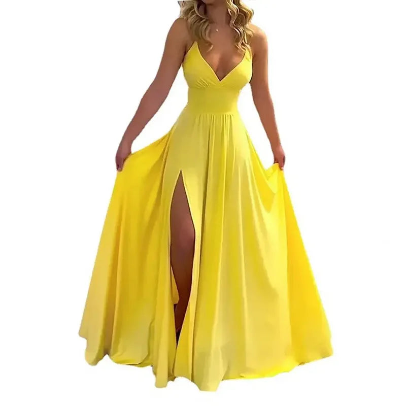 2025 Summer Women's Fashionable Long V-neck Backless Suspender Dress Women's Dress Sleeveless Split Design Elegant Party Dress