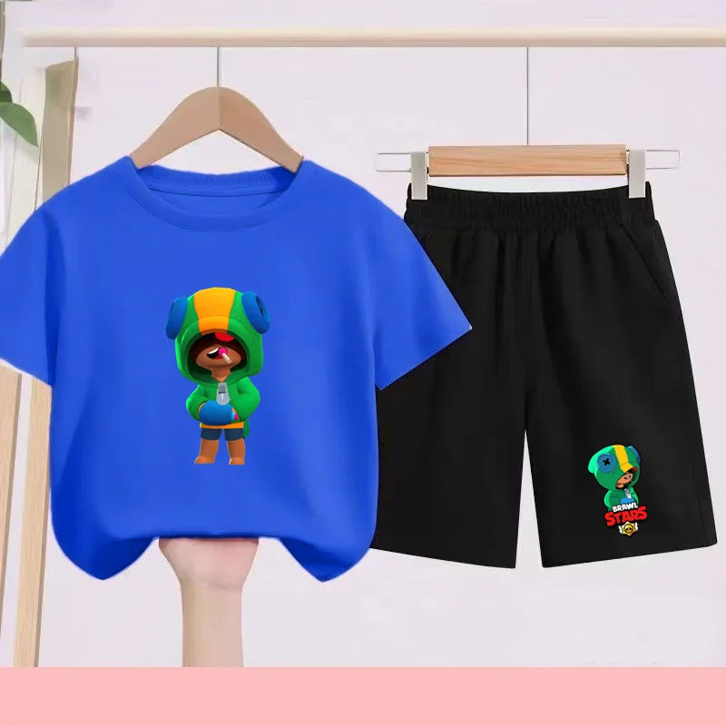 Children's Set Summer Suitable for Both Boys and Girls -Round-neck Cartoon Anime Sports T-Shirt Baby Short-Sleeved Shorts (Set)