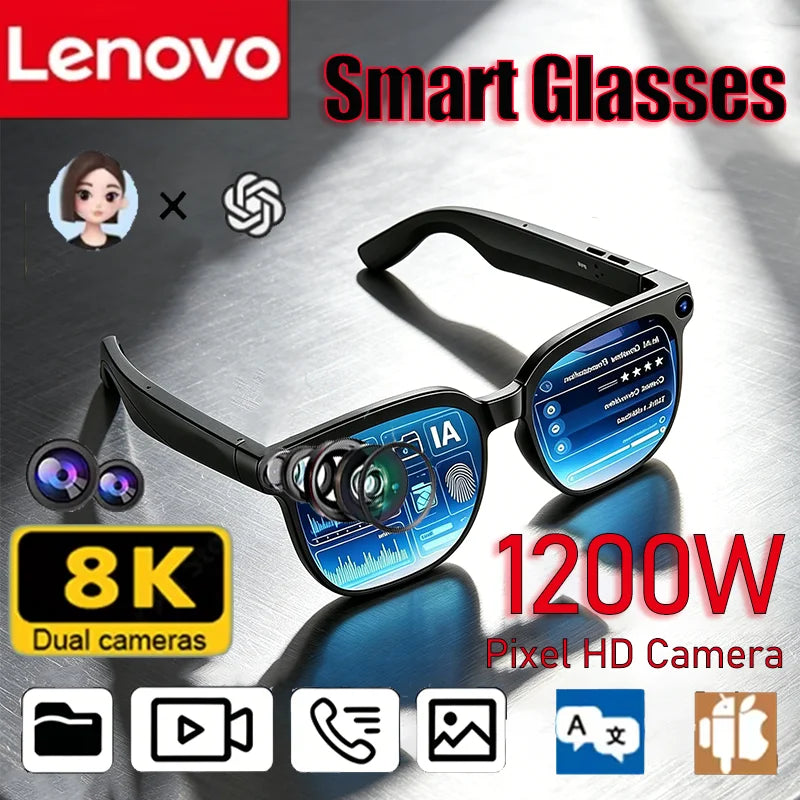 Lenovo AI Smart Glasses 8K Camera Touch Control Photo Recording Voice Assistant Translator Music Wireless Bluetooth Sunglasses