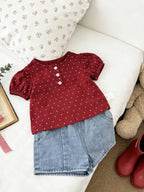 2026 Summer New Girls Short Sleeve T Shirts Cute Baby Girl Polka Dot Puff Sleeve Tops Cotton Infant Toddler Tee Kids Clothes