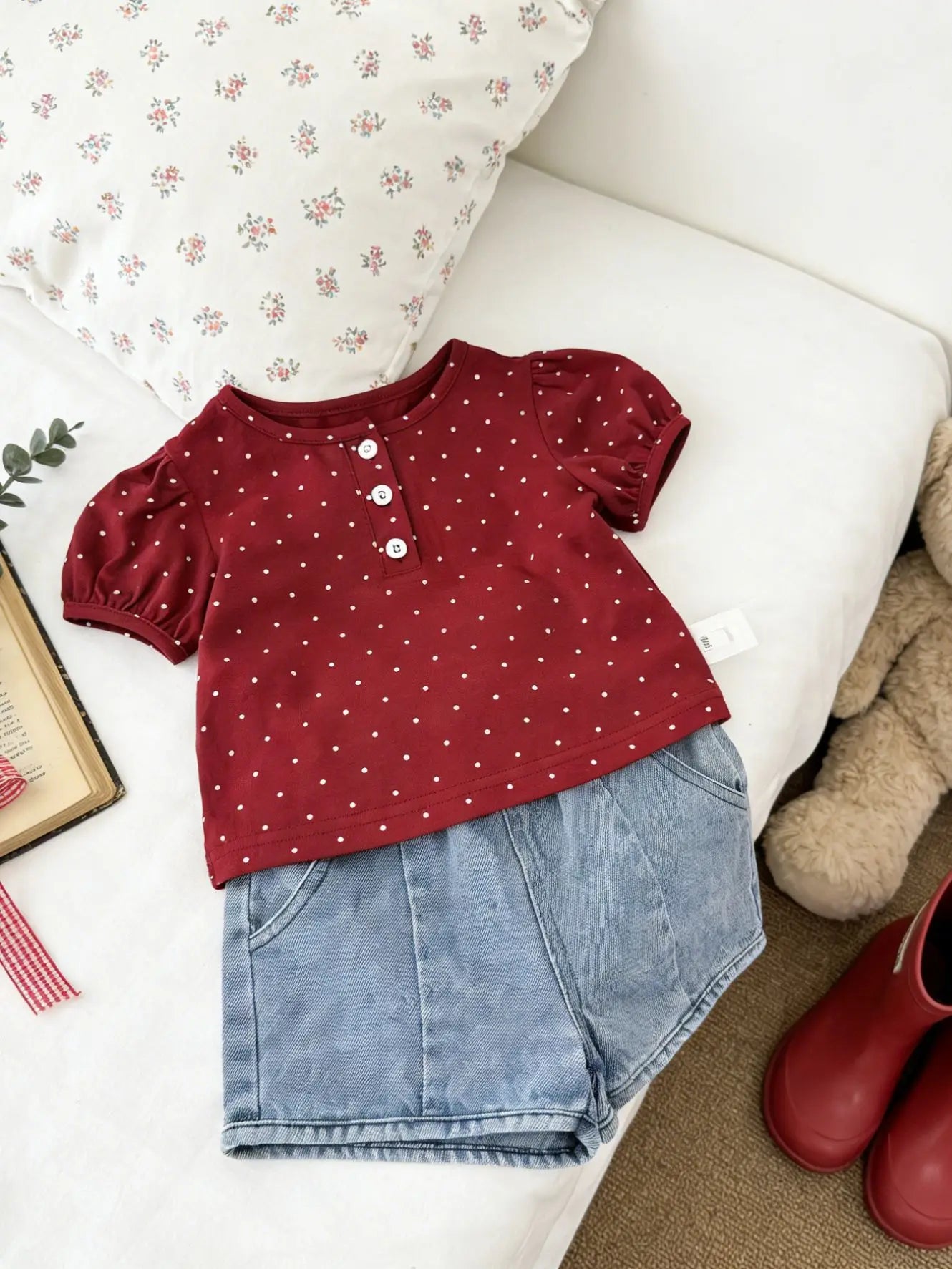 2026 Summer New Girls Short Sleeve T Shirts Cute Baby Girl Polka Dot Puff Sleeve Tops Cotton Infant Toddler Tee Kids Clothes