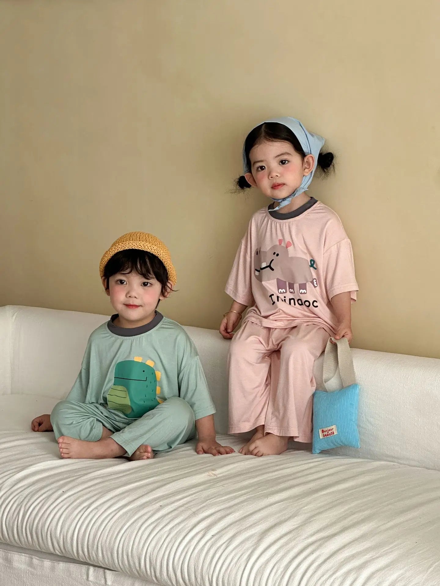 Kids Cute Animal Pajama Set Print Comfortable Sleepwear for Brother Sister 2pcs Summer Children  Cartoon Top Pant Loungewear