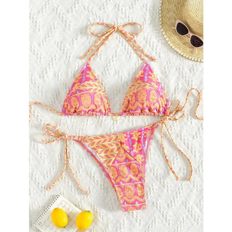 Sexy Leopard Print Two Piece Swimsuit Set Triangle Bra Suspender Halter Backless Bikini Set Beach Vacation Lace-up Swimwear