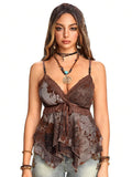 Retro Sexy Printed Vest Top with Irregular Scarf V-Neck Lace Edge for Spicy Girl Fashionable Vintage-Style Women's Top
