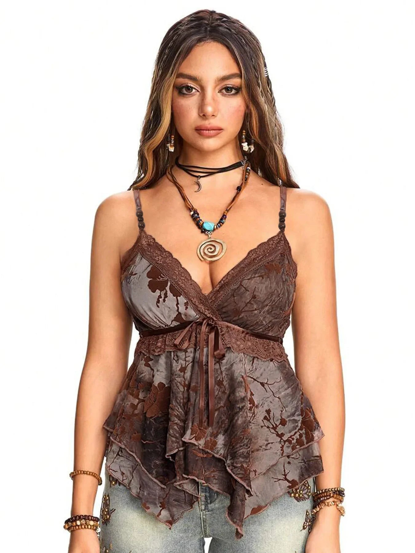 Retro Sexy Printed Vest Top with Irregular Scarf V-Neck Lace Edge for Spicy Girl Fashionable Vintage-Style Women's Top