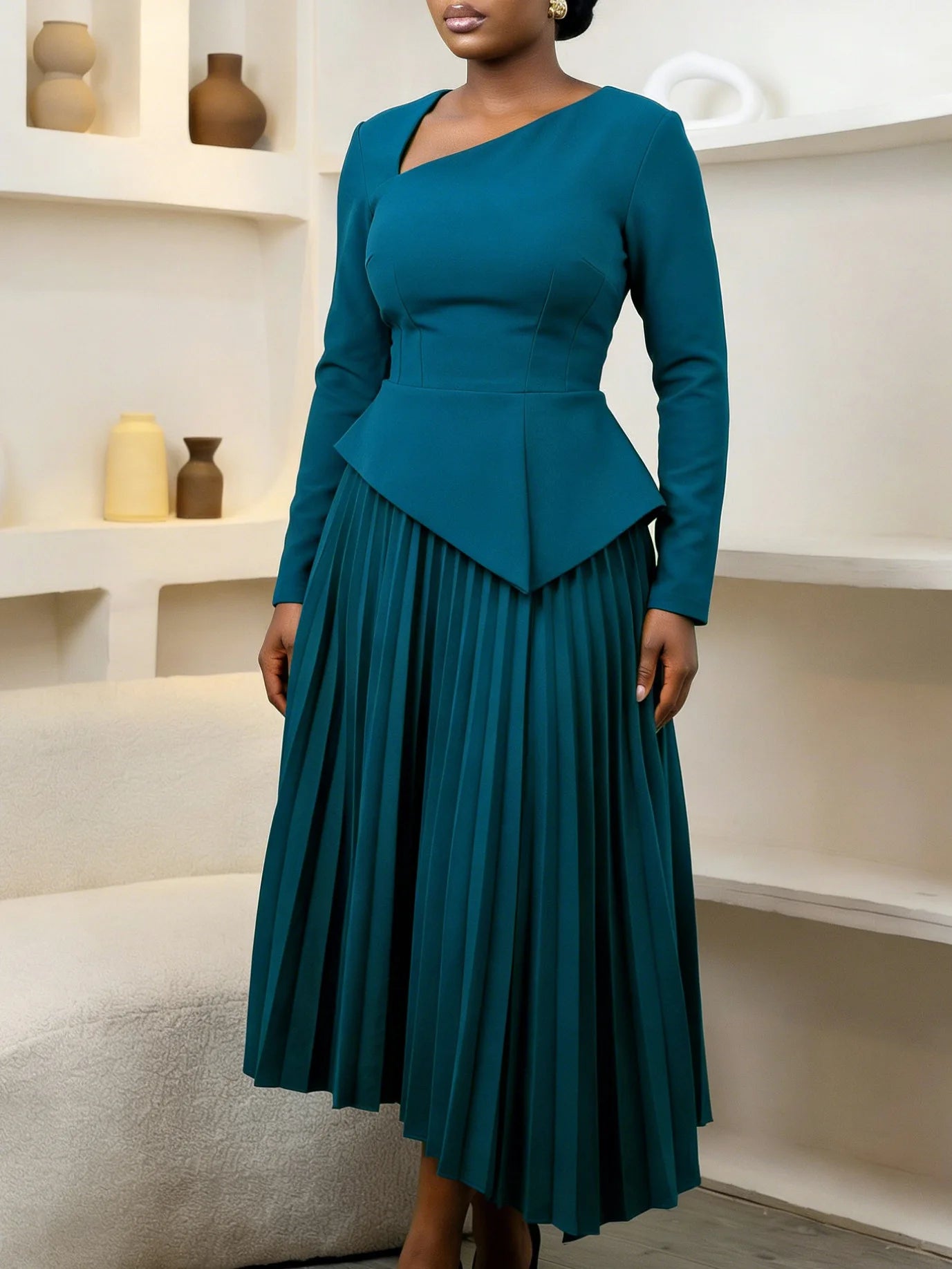 Women's Elegant Slant-Neck High-Waist Mid-Length Fashion Dress Spring 2026 New Style
