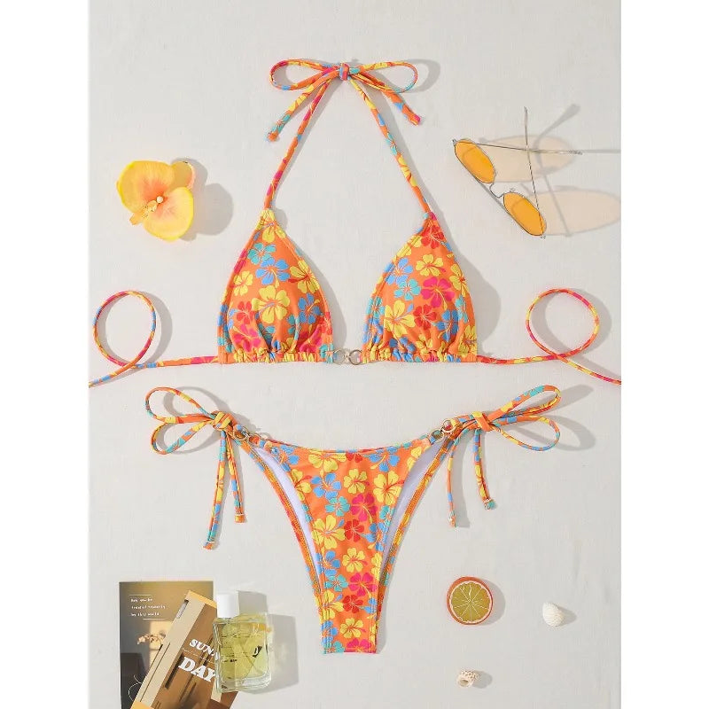 Sexy Leopard Print Two Piece Swimsuit Set Triangle Bra Suspender Halter Backless Bikini Set Beach Vacation Lace-up Swimwear