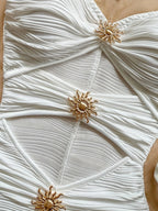 Summer White Bodycon Romper, Strapless with Sun Metal Accents