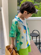 2026 Summer Children Siblings Look Cotton Green Painting Kids Girls Sling Dresses Loose Turn Down Collar Toddler Boys T-shirts