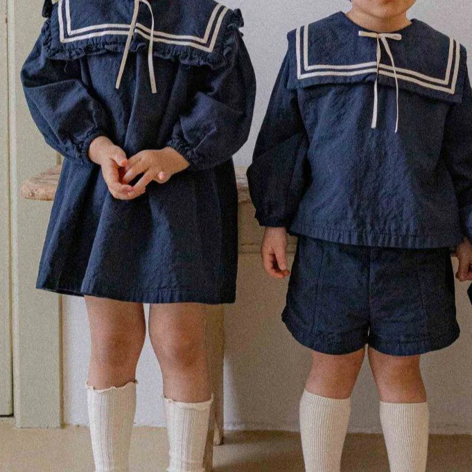 2026 Summer New Children Long Sleeve Clothes Set Boys Girls Bow Sailor Collar Shirts + Shorts 2pcs Suit Kids Cotton Outfits