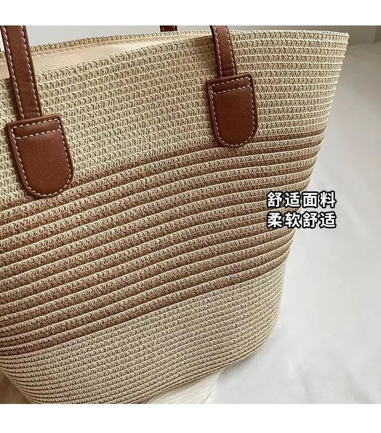 Women's Straw Woven Tote Bag With Hand New Beach Seaside Outdoor Travel Vacation Large Capacity Shoulder Bag Basket Handbag