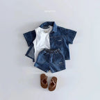 2025 Summer New Children Short Sleeve Clothes Set Boys Girls Denim Shirts + Shorts 2pcs Suit Kids Baby Fashion Casual Outfits