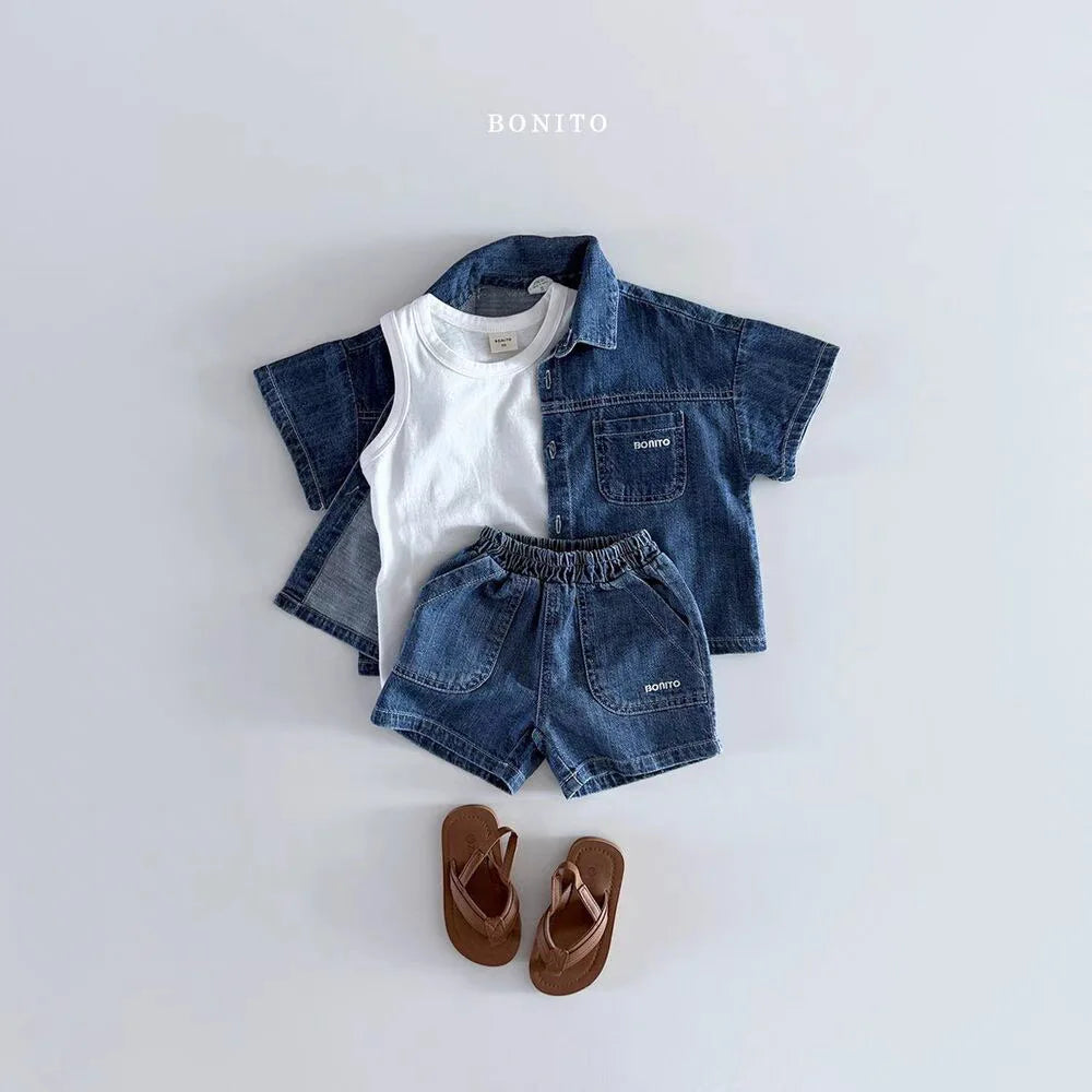 2025 Summer New Children Short Sleeve Clothes Set Boys Girls Denim Shirts + Shorts 2pcs Suit Kids Baby Fashion Casual Outfits