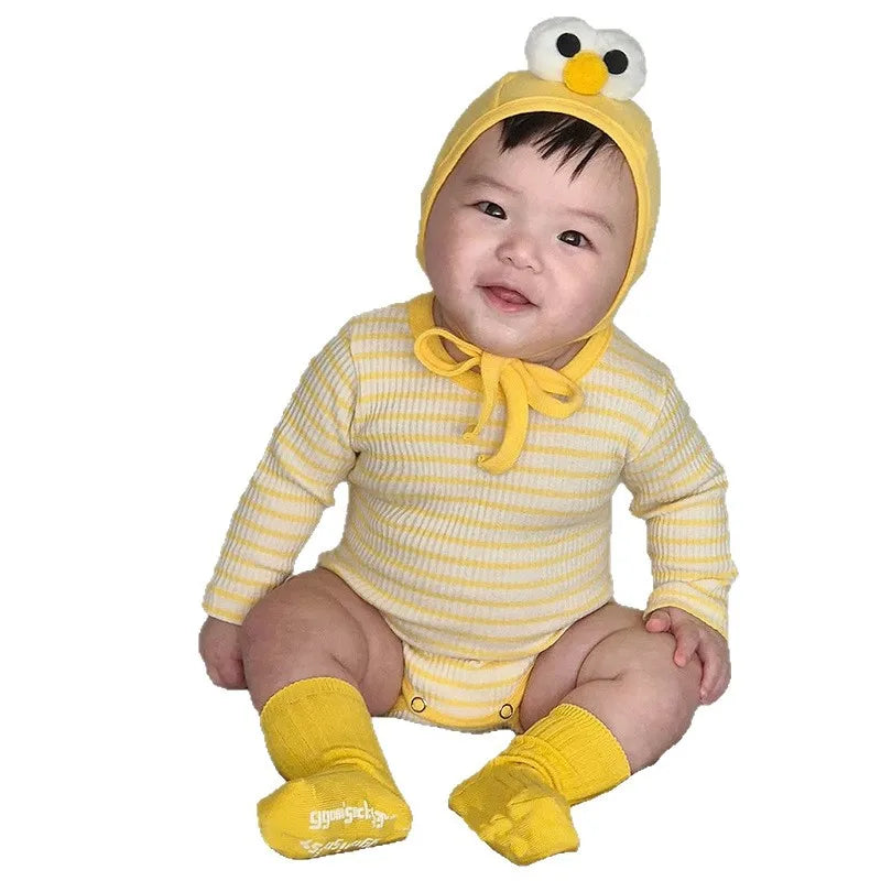 2026 Spring New Baby Long Sleeve Bodysuit + Hat Infant Girls Cute Thin Striped Jumpsuit Newborn Toddler Cotton Clothes 0-24M