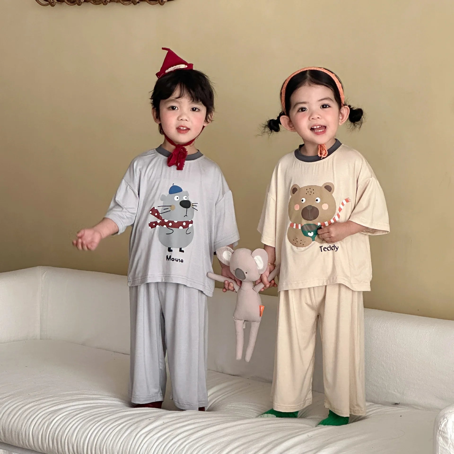 Kids Cute Animal Pajama Set Print Comfortable Sleepwear for Brother Sister 2pcs Summer Children  Cartoon Top Pant Loungewear