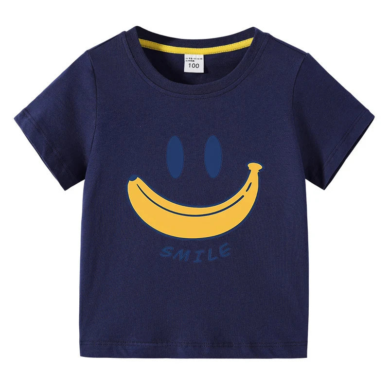Cute Smiling Banana Kids Short Sleeve T Shirts Boys Girls Same Style Cartoon Casual Tees Comfortable Children Clothing