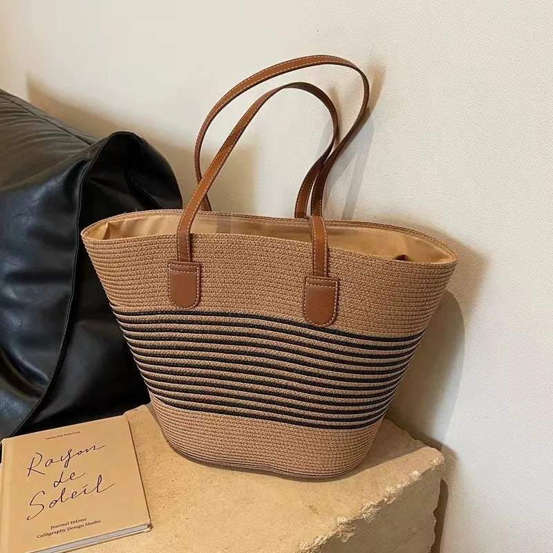 Women's Straw Woven Tote Bag With Hand New Beach Seaside Outdoor Travel Vacation Large Capacity Shoulder Bag Basket Handbag