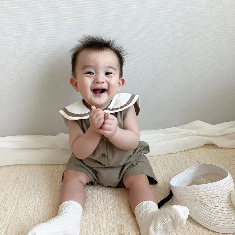 2026 Summer New Baby Sleeveless Bodysuit Cotton Infant Boy Girl Solid Sailor Collar Jumpsuit Newborn Toddler Clothes 0-24M