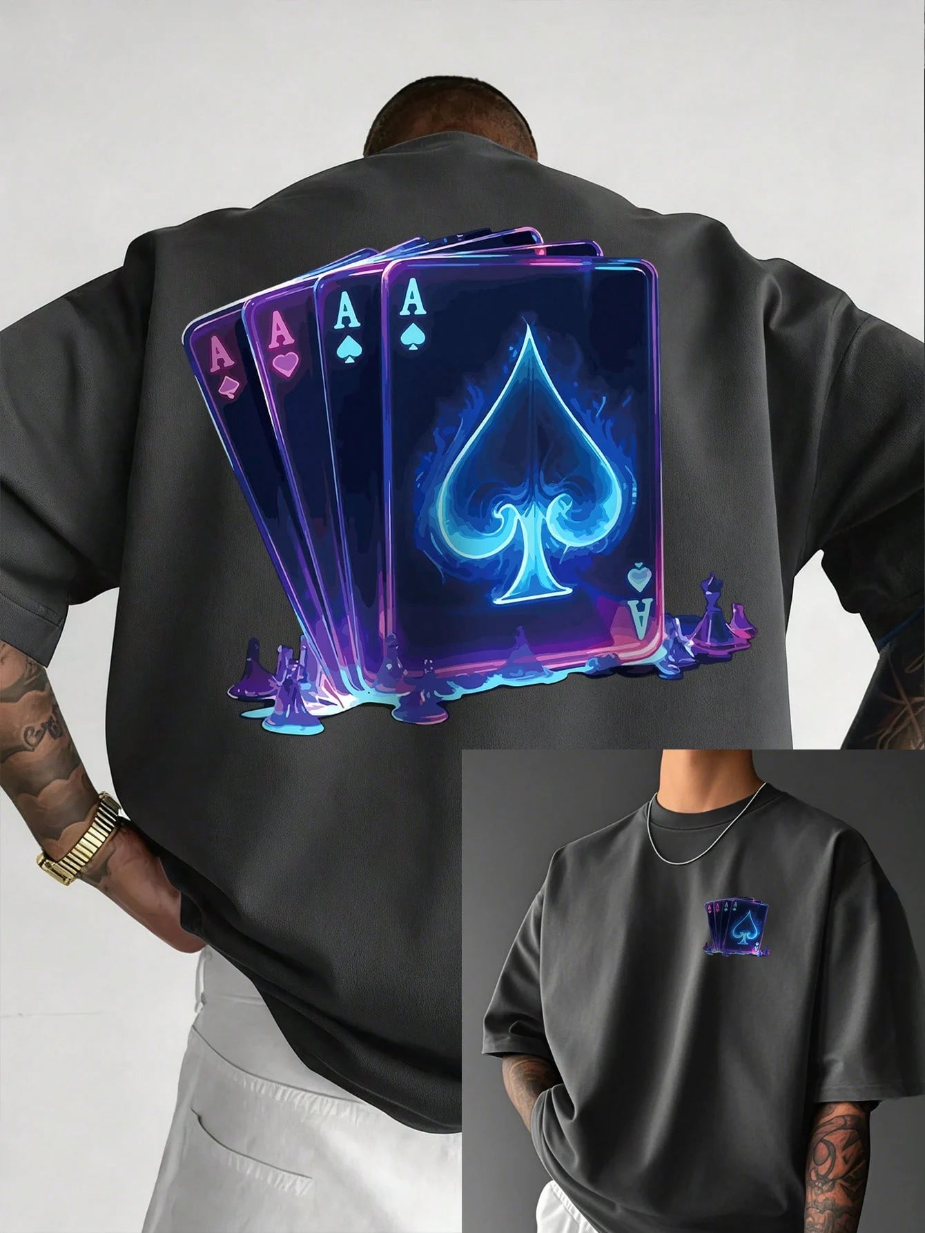 Men's summer 100% pure cotton fashionable casual sports loose Cool Playing Card Print round neck short sleeved T-shirt versatile