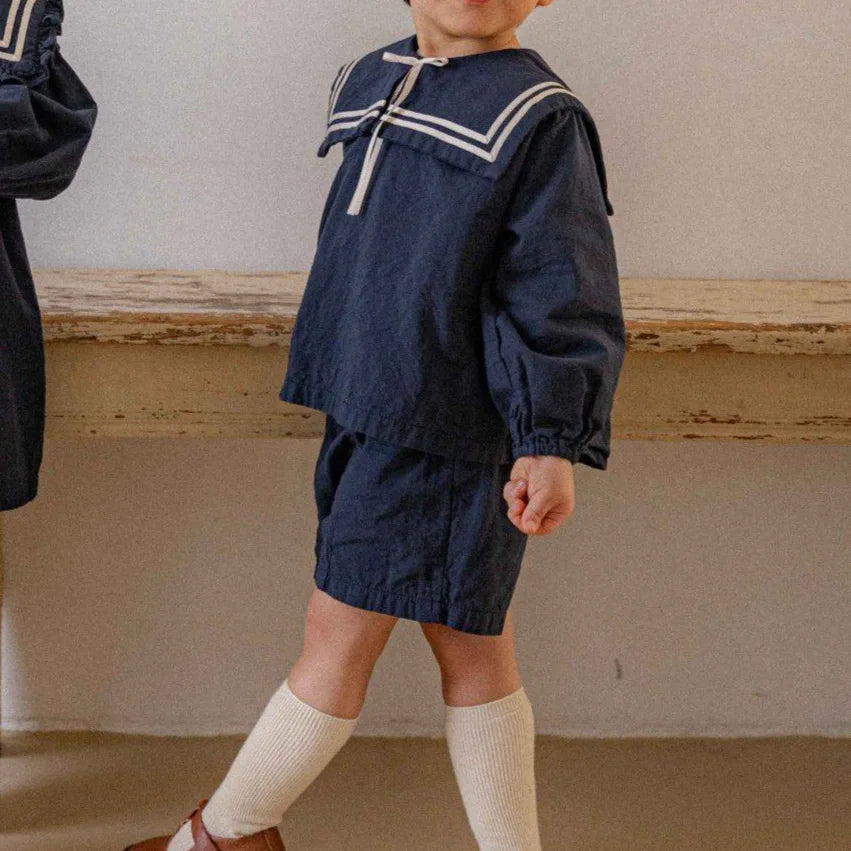 2026 Summer New Children Long Sleeve Clothes Set Boys Girls Bow Sailor Collar Shirts + Shorts 2pcs Suit Kids Cotton Outfits