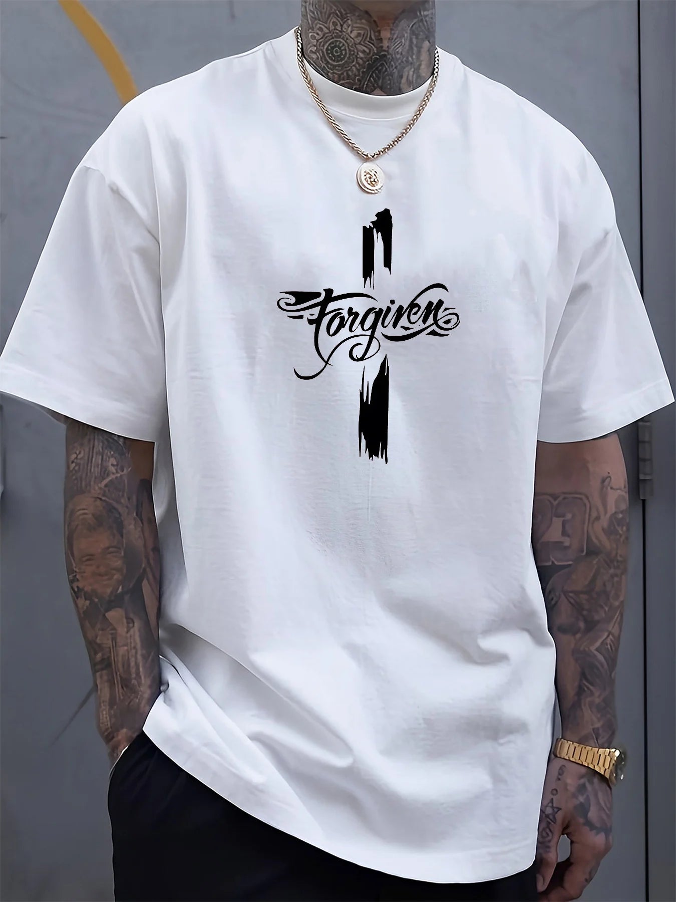 Men's Summer 100 Cotton Fashion Casual Loose Large Forgiveness Letter Creative Printed Round Neck Short Sleeve T-shirt